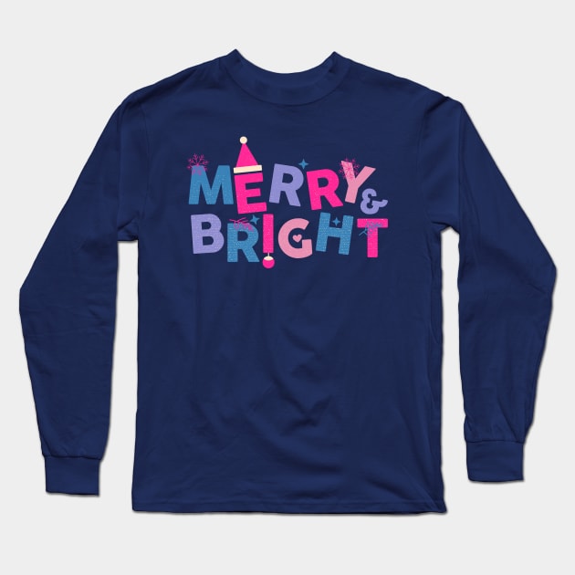 Merry and Bright Pink and Blue Christmas Long Sleeve T-Shirt by Asilynn